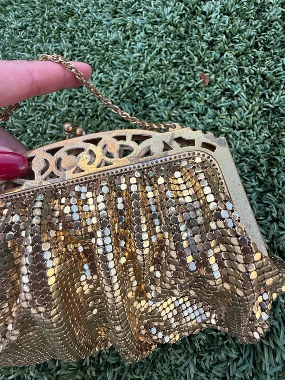 VTG 1940s Whiting Davis Gold Mesh Flapper Bag Purse Brass Pierced Frame USA NICE